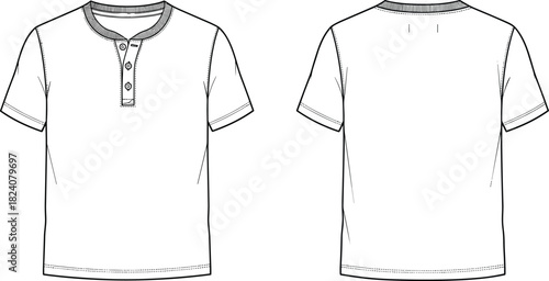 Vector fashion technical drawing of short sleeve henley t-shirt front and back view, blank apparel template for clothing designers use