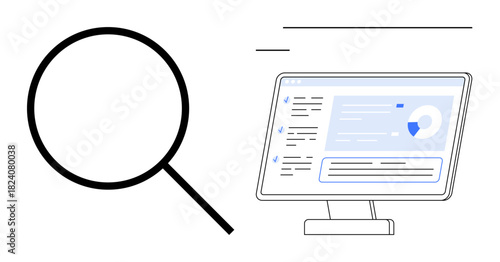 Magnifying glass and monitor displaying graphs and data insights. Ideal for research, data analysis, search, exploration, technology, statistics, knowledge. Clean simple flat metaphor