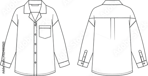 Women's long sleeve shirt fashion flat sketch, detailed button front design, collar, pocket, back yoke seam illustration, technical drawing outline