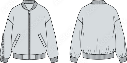 Bomber jacket technical flat sketch, front and back view, fashion design template, vector apparel illustration, casual outerwear style drawing