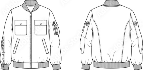 Bomber jacket technical drawing, front and back view, vector apparel design template, fashion flat sketch for clothing production industry use