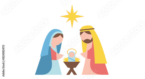 The Holy Family, Mary, Joseph, and Baby Jesus Under the Guiding Star of Bethlehem