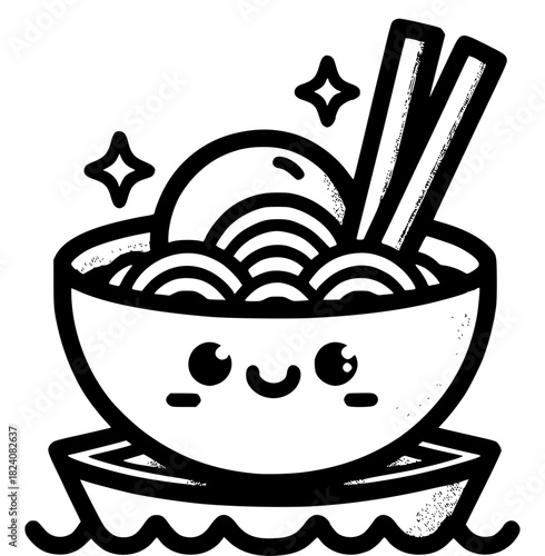Smiling Noodles: An adorable bowl of noodles beams with joy, chopsticks poised, inviting a taste of a comforting classic.
