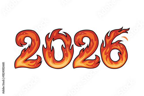 A bold, hand-drawn style graphic illustration of the numbers "2026" where each digit is stylized to look like it is made of fire and flames, representing the Year of the Fire Horse.