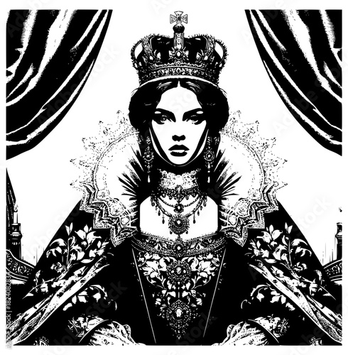 Regal Monarch: A monochrome illustration of a majestic queen adorned in intricate robes, a jeweled crown, and elegant jewelry, embodying authority and timeless regality.