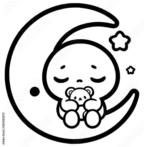 Dreamy Nighttime Companion: A serene figure cradles a plush toy, gently resting upon a crescent moon under a starlit sky, invoking feelings of comfort, and the magic of dreams.