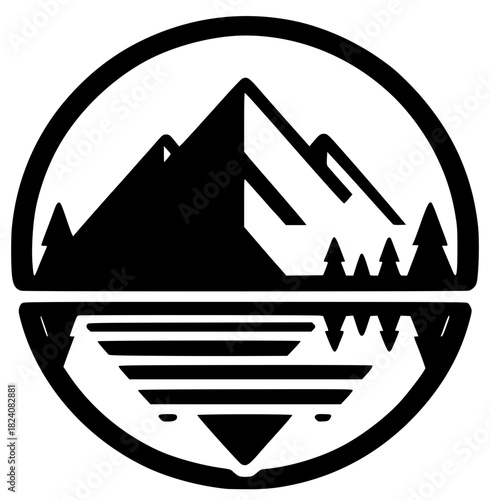 Mountain Landscape Silhouette: A stark, minimalist silhouette of a mountain range reflected in a calm lake, encircled by a bold frame, captures the essence of tranquility and adventure.