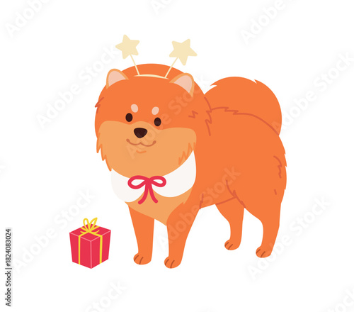 Dog wearing Christmas outfit Vector. Pomeranian Spitz with stars headband and little gift box. Playful holiday illustration for dog lovers