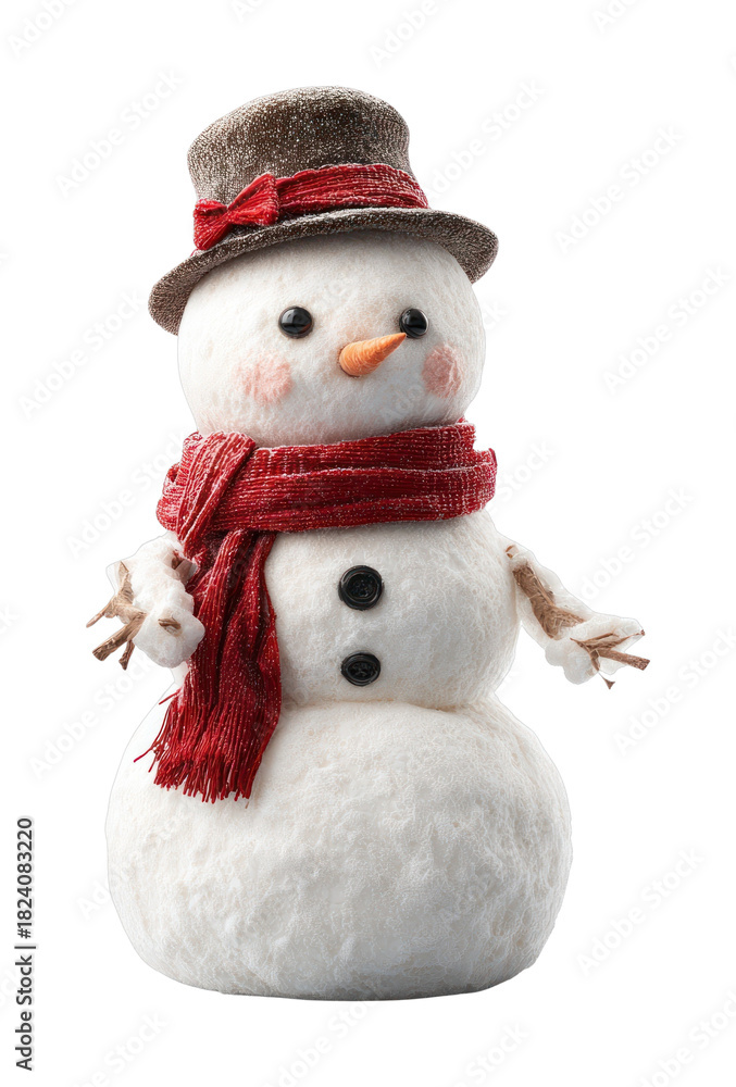 Obraz premium PNG Cheerful snowman with red scarf.