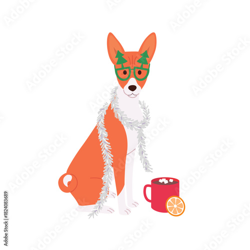 Basenji in flat vector style featuring cozy holiday elements like cocoa, decorative glasses and tinsel. Cute Christmas dog illustration on white background