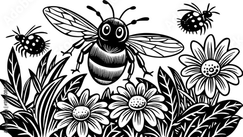 Very beautiful cheerful scene of a bumblebee buzzing over a vibrant flower bed under bright sunlight, highlighting colorful blossoms, lush greenery, and a lively, joyful outdoor atmosphere in a clean,