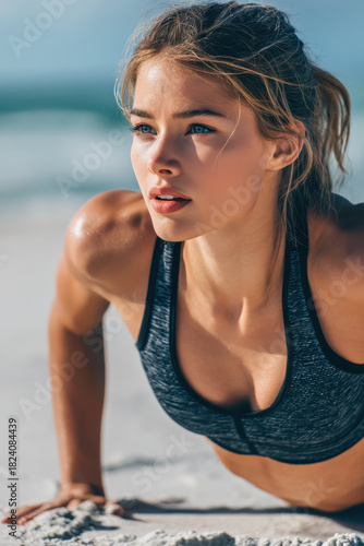 Wallpaper Mural Young woman exercising on beach in sports bra, fitness blonde blue eyes athletic sunlight sand outdoors healthy focused workout Torontodigital.ca
