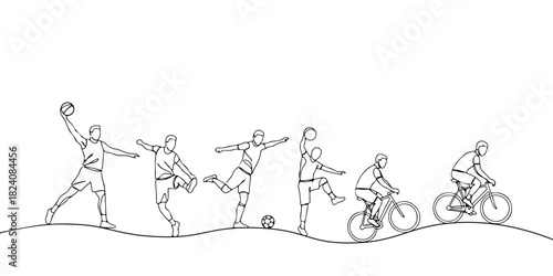 A single continuous line of athletes training, symbolizing the influence of sport in character formation, symbolizing the adaptation of technology in the education sector, vector illustrator