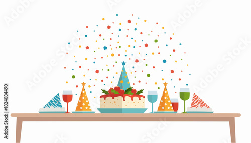 Holiday dinner table with confetti, streamers, and party hats  