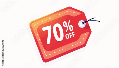 Red discount tag closeup with 70 percent off printed in modern design  