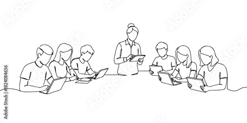 A single continuous line of a teacher using a tablet with students, symbolizing the adaptation of technology in the education sector, vector illustrator