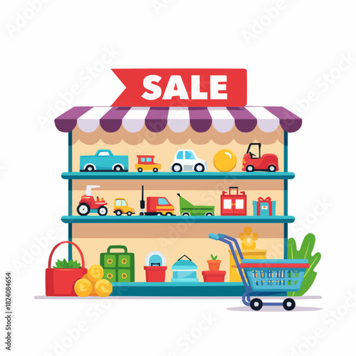Toy store shelves with sale banner and shopping basket nearby  