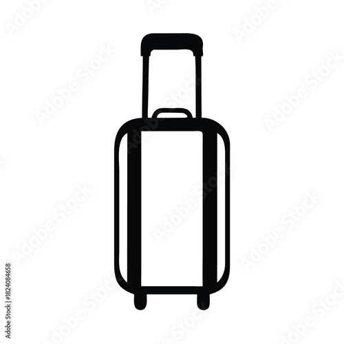 A black and white illustration of a rolling suitcase with an extended handle stands against a white background.