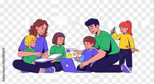 Family enjoys time with children,reading books,exploring with a computer, and using drawing pencils