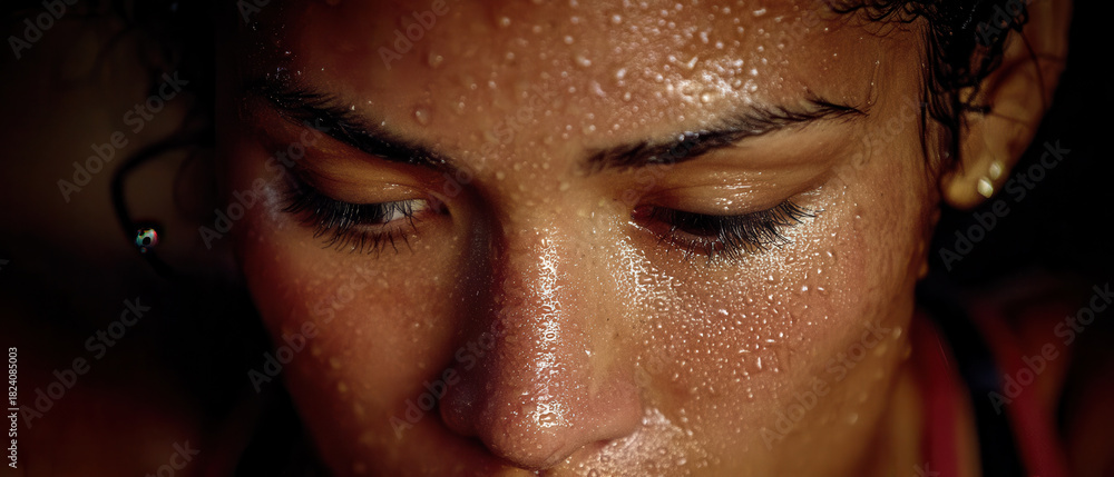 custom made wallpaper toronto digitalYoung woman face close up with glistening sweat and closed eyes showing focused effort and warm skin glow