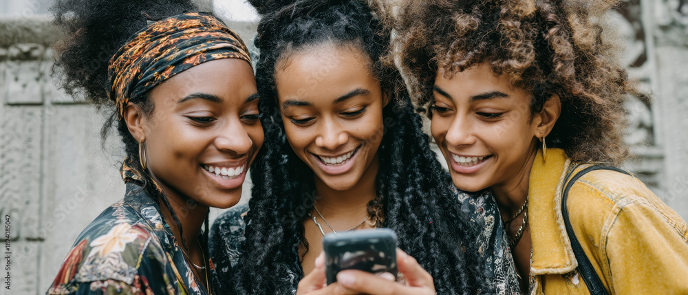 custom made wallpaper toronto digitalThree smiling young women with natural hair looking at smartphone together outdoors, joyful friends sharing moment of connection and laughter