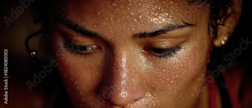Wallpaper Mural Young woman face close up with glistening sweat and closed eyes showing focused effort and warm skin glow Torontodigital.ca