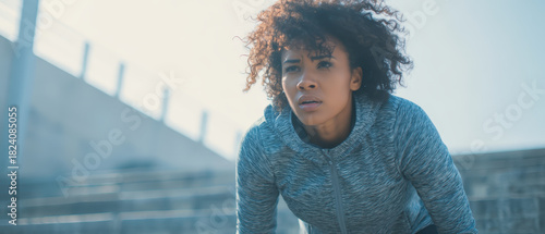 Wallpaper Mural Determined woman in athletic jacket catching her breath after stair workout on outdoor concrete steps, early light creating focused and resilient mood Torontodigital.ca