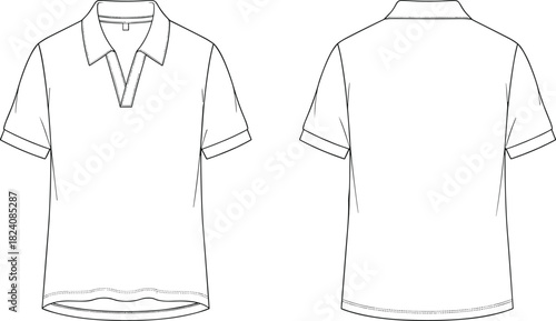 Vector polo shirt technical fashion sketch, front and back apparel template, clothing design outline, detailed garment illustration for designers reference