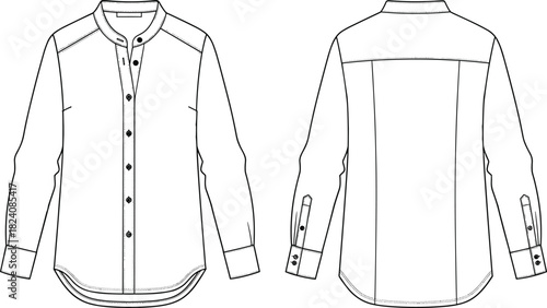 Women's long sleeve mandarin collar shirt technical sketch front and back view, detailed illustration design