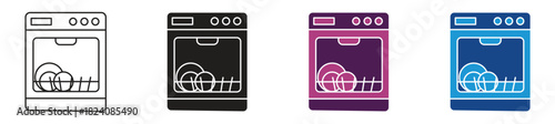  Dishwasher icon set on white background, vector illustration.