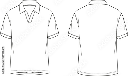 Men's short sleeve polo shirt technical flat sketch front and back view, vector illustration design