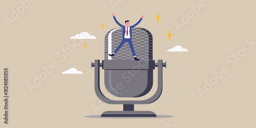 Excited businessman celebrates success standing on a microphone