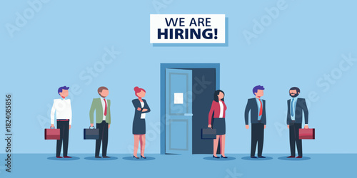 Diverse group of professionals waiting for job interviews under a hiring sign