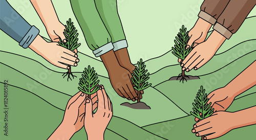 Diverse hands collaboratively planting saplings in a green undulating landscape for reforestation