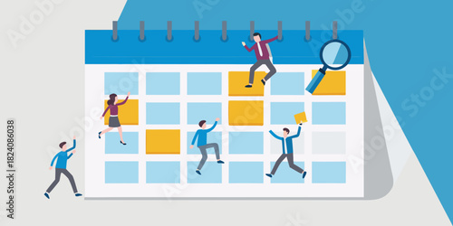 Business people interacting with a calendar and magnifying glass