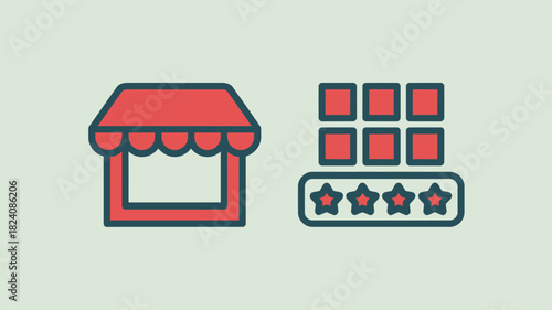 Illustration of a store front with awning next to a grid and star rating system icon set up design