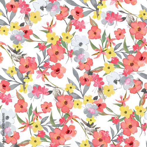 summer,design floral pattern,watercolors red yellow grey colors
