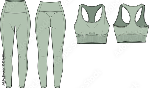 cad drawing flat vector illustration, activewear technical sketch, sports bra design, leggings front back view, fashion contour seams, apparel template