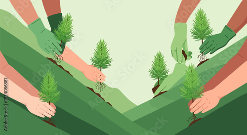 Diverse hands collaboratively planting trees on rolling green hills in a serene environment