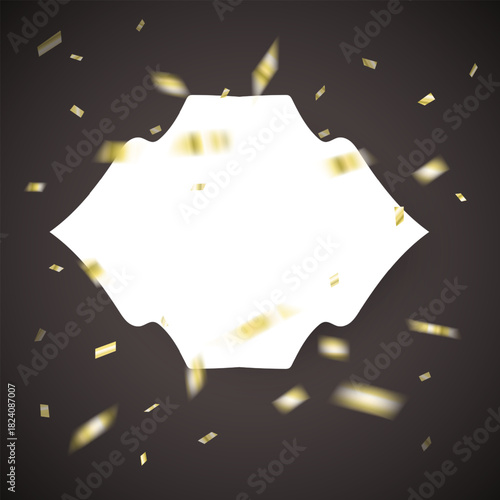 Golden Confetti Burst with Ornate Blank Label on Dark Background frame for text. Vector templates for wedding invitation, greeting card, packaging, branding, design, social or media