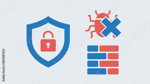 A blue shield with a red padlock, a red bug with a blue x, and a red and blue brick wall icon