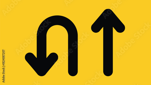 A yellow background with a black u turn arrow and a black straight arrow pointing upwards to the right