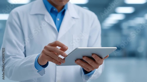 Doctor in a medical facility interacts with a digital tablet, tapping and swiping across the screen as the camera tracks subtle hand shifts, demonstrating focused workflow in a clinical environment