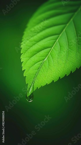 Close-up green leaf holds a clear dew droplet that shifts slightly along the edge as subtle natural movement occurs in soft green ambient lighting during calm outdoor conditions