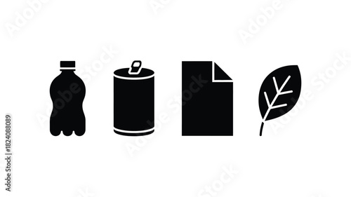 A black and white image showing a plastic bottle a can a paper sheet and a leaf on a white background