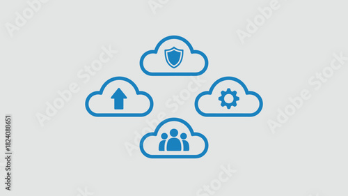 Blue cloud icons representing security, upload, settings, and team on a light gray background