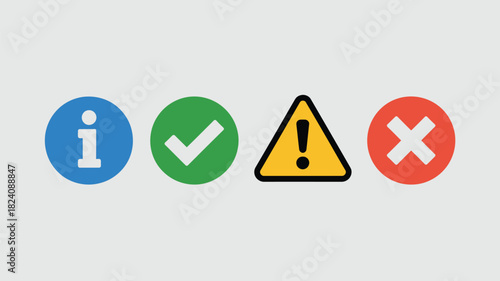 A set of four circular icons showing information, check mark, warning, and cancel arranged horizontally