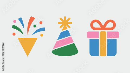 Illustration of a party popper, a party hat, and a gift box on a white background in flat design