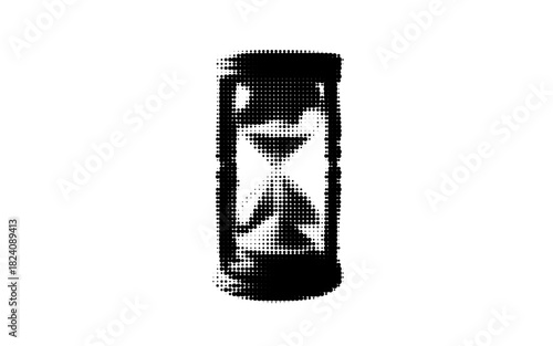 Classic sand timer collage element. Vintage clock with dotted effect. Halftone hourglass with falling sand.