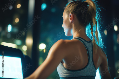 Wallpaper Mural Woman with braided ponytail exercises on treadmill in dimly lit gym, focused and determined. background features blurred city lights, adding dynamic urban feel Torontodigital.ca